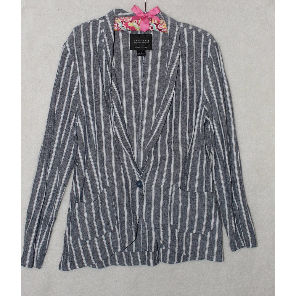 Sanctuary by Anthropologie Linen Button Blazer in Navy Cream, Women's Size Large